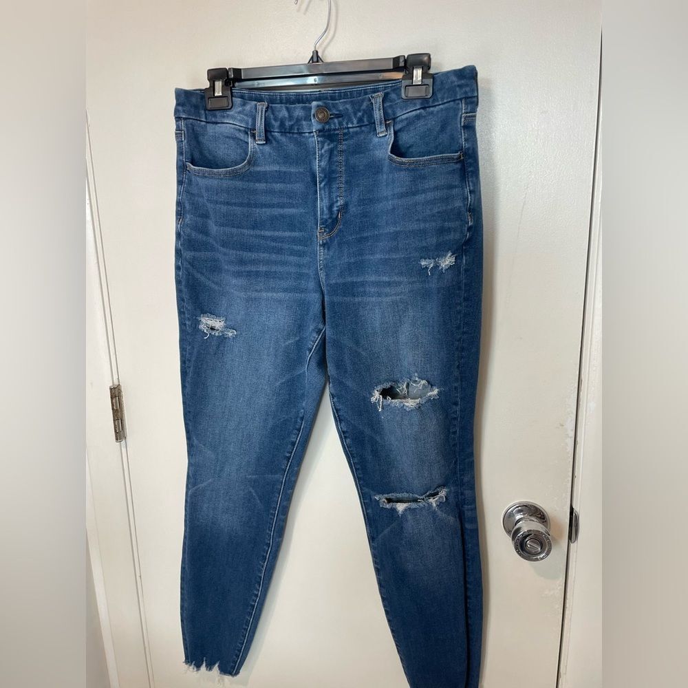 AMERICAN EAGLE Womens Medium Wash Raw Hem Distressed Hi Rise Jegging jeans sz 14